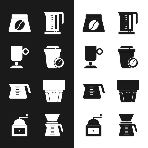 Set Coffee cup to go, Irish coffee, Bag beans, Electric kettle, pot, Glass with water, Pour over maker and Manual grinder icon. Vector — Stock Vector