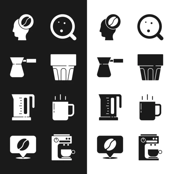 Set Glass with water, Coffee turk, Barista, cup, Electric kettle, machine and Location coffee bean icon. Vector — Stock Vector