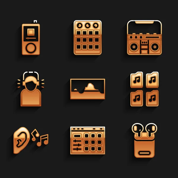 Set Music wave equalizer, Drum machine, Air koptelefoon box, file document, oor luisteren geluidssignaal, Man, Home stereo met luidsprekers en speler pictogram. Vector — Stockvector