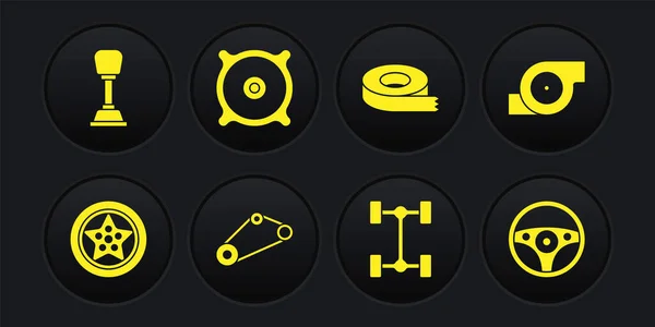 Комплектация Car wheel, Automotive turbocharger, Timing belt kit, Chassis car, Scotch sentence, audio speaker, Steering and Gear shield icon. Вектор — стоковый вектор