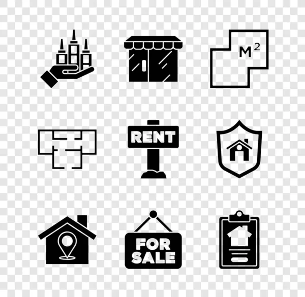 Set Skyscraper, Market store, House plan, Location with house, Hanging sign For Sale, contract, and Rent icon. Vector — Stock Vector