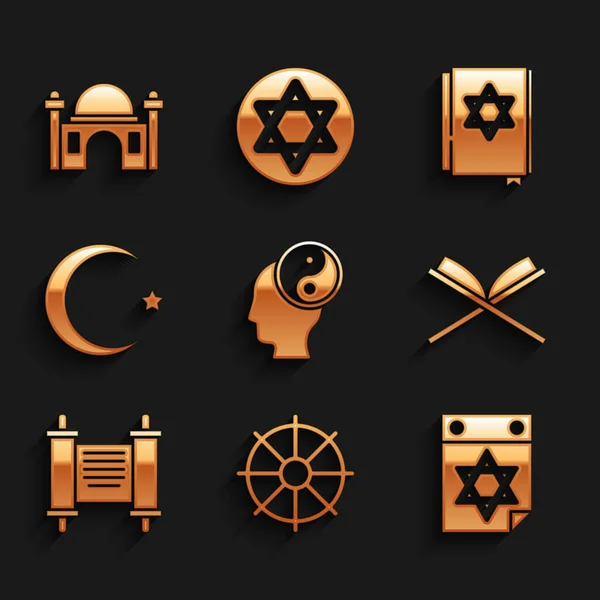 Set Yin Yang, roue du Dharma, calendrier juif, livre saint du Coran, décret, papier, parchemin, rouleau, étoile et croissant, Torah et mosquée musulmane icône. Vecteur — Image vectorielle