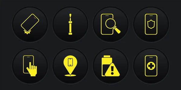 Set Telefon-Reparatur-Service, Handy mit Schild, Smartphone-Akku, Schraubendreher und stoßfest Symbol. Vektor — Stockvektor