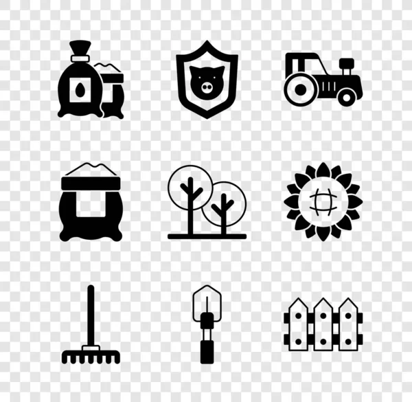 Set Pack lleno de semillas de planta, escudo con cerdo, tractor, rastrillo de jardín, pala, valla de madera, bolsa de harina y árbol icono. Vector — Archivo Imágenes Vectoriales