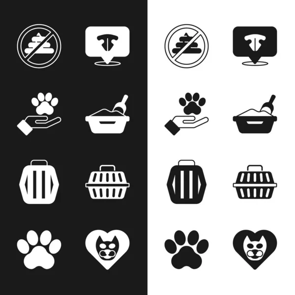 Set Cat litter tray with shovel, Hands animals footprint, No shit, nose, Pet carry case, Heart cat and Paw icon. Vector — Vector de stock