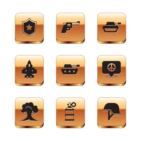 Set Polizeiabzeichen, Nukleare Explosion, Handrauchgranate, Militärpanzer, Kampfjet, Helm und Pistole oder Pistole Symbol. Vektor — Stockvektor