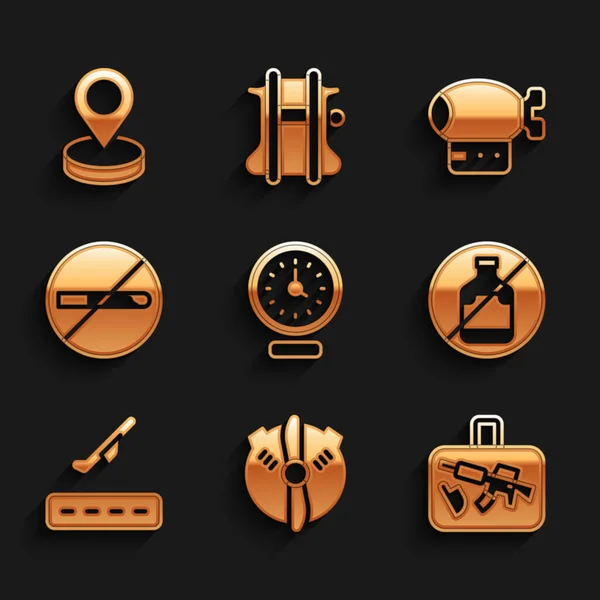 Set Uhr, Flugzeugpropeller, Koffer, kein Alkohol, Start, Rauchen, Luftschiff und Standort-Symbol. Vektor — Stockvektor