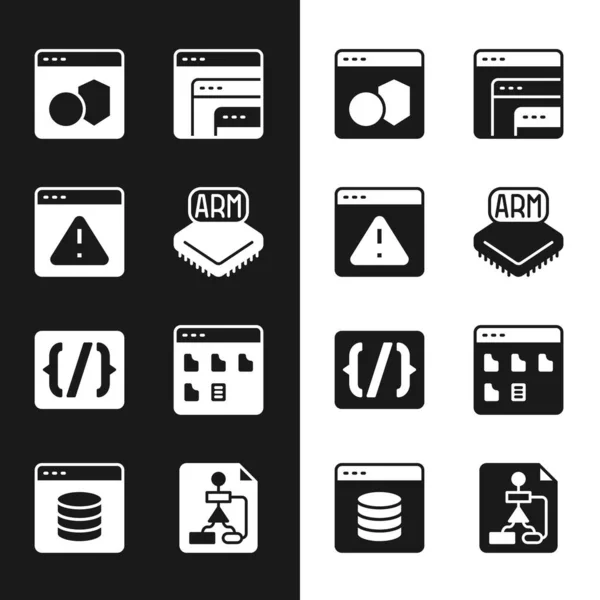 Configurar procesador, navegador con signo de exclamación, software, sintaxis de lenguaje de programación, archivos, diagrama de flujo y servidor, datos, icono de alojamiento web. Vector — Archivo Imágenes Vectoriales