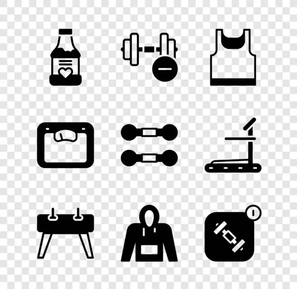 Set Vitaminas, Mancuernas, Camiseta sin mangas, Caballo de pomo, Sudadera con capucha, Aplicación de fitness, Básculas de baño e icono. Vector — Archivo Imágenes Vectoriales