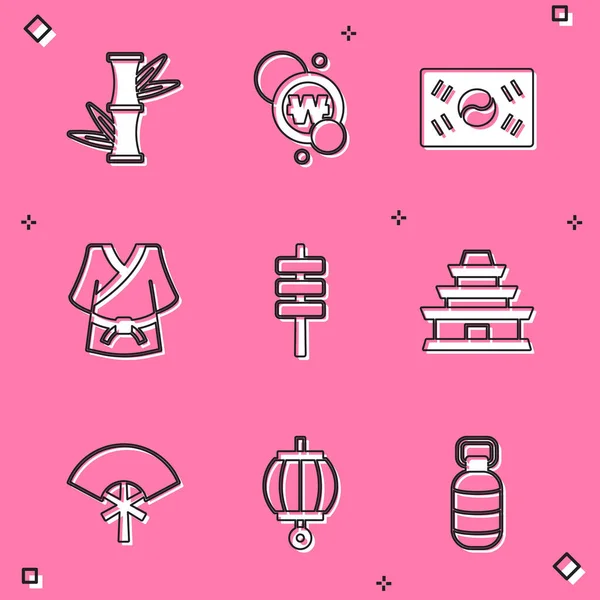 Set Bambus, südkoreanische Win-Münze, Flagge, Kimono, Lebensmittel-Tokpokki, Tempel, traditioneller Fächer und Laternen-Symbol. Vektor — Stockvektor