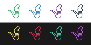 Siyah ve beyaz arka planda izole edilmiş duman simgesi olan sigara piposu hattı kurun. Tütün piposu. Vektör