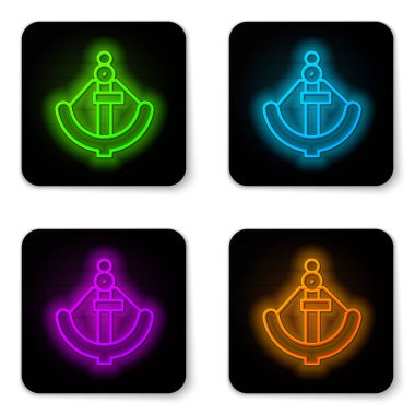 Parlayan neon hattı Anchor simgesi beyaz arkaplanda izole edildi. Siyah kare düğme. Vektör