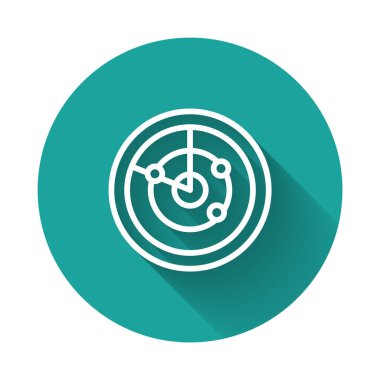 Beyaz çizgi Radar, uzun gölge arkaplan ile izole edilmiş ikonu ararken hedefler monitörde. Arama sistemi. Donanma sonarı. Yeşil daire düğmesi. Vektör