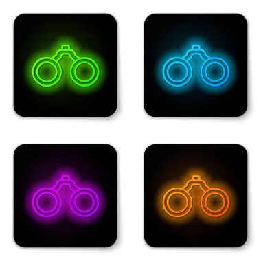 Parlayan neon çizgisi Dürbün simgesi beyaz arkaplanda izole edildi. Yazılım işareti bul. Casus ekipman sembolü. Siyah kare düğme. Vektör