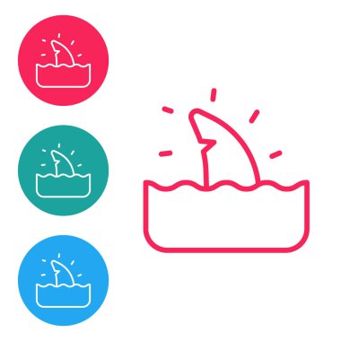 Okyanus dalgası ikonunda kırmızı çizgi köpekbalığı yüzgeci beyaz arka planda izole edildi. Simgeleri daire düğmelerine ayır. Vektör