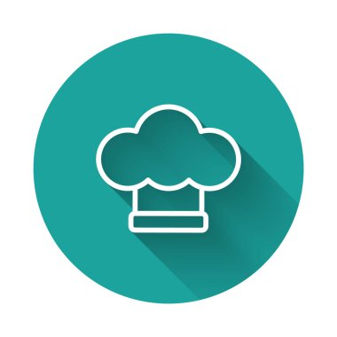 Beyaz çizgi Şefi şapkası simgesi uzun gölge arkaplanı ile izole edildi. Aşçılık sembolü. Aşçı şapkası. Yeşil daire düğmesi. Vektör