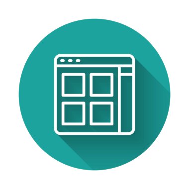 Beyaz çizgi Tarayıcı dosya simgesi uzun gölge arkaplanı ile izole edildi. Yeşil daire düğmesi. Vektör