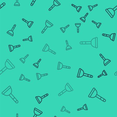 Boru temizleme ikonu için ahşap saplı siyah çizgili kauçuk pompa yeşil arka planda izole edilmiş pürüzsüz desen. Tuvalet pompası. Vektör