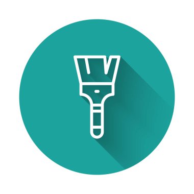 Beyaz çizgi boya fırçası simgesi uzun gölge arkaplan izole. Yeşil daire düğmesi. Vektör