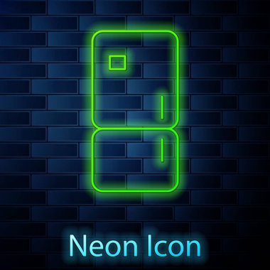 Parlayan neon hattı buzdolabı ikonu tuğla duvar arka planında izole edilmiş. Buzdolabı buzdolabı. Ev aletleri ve aletler. Vektör