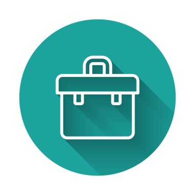 Beyaz çizgi evrak çantası simgesi uzun gölge arkaplanı ile izole edildi. İş ilanı. İş portföyü. Yeşil daire düğmesi. Vektör