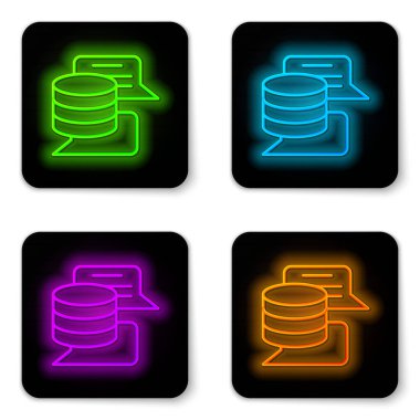 Parlayan neon hattı Sunucu, Data, Web sunucu simgesi beyaz arkaplanda izole edildi. Siyah kare düğme. Vektör