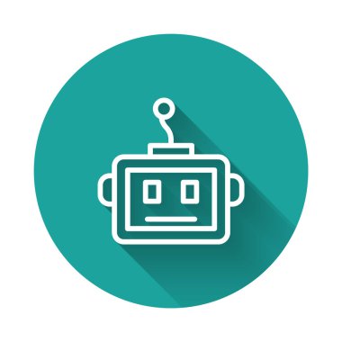 Beyaz çizgi yapay zeka robot simgesi uzun gölge arkaplanı ile izole edildi. Makine öğrenme, bulut hesaplama. Yeşil daire düğmesi. Vektör