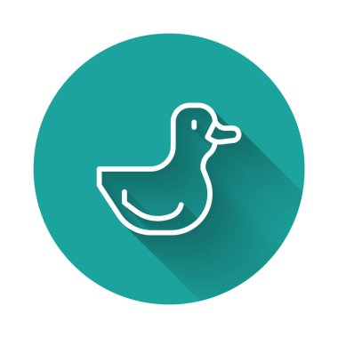 Kauçuk ördek ikonu uzun gölge arkaplanı ile izole edilmiş. Yeşil daire düğmesi. Vektör