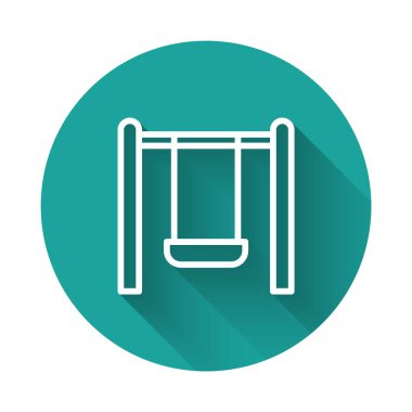 Beyaz çizgi Çocuk için yaz oyunları için uzun gölge arkaplan izole edilmiş oyun alanı ikonu üzerinde salıncak. Açık hava eğlence ekipmanları. Yeşil daire düğmesi. Vektör