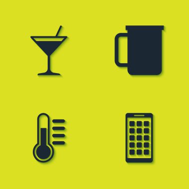 Martini bardağını, mobil aplikasyonu, termometreyi ve kahve bardağı ikonunu hazırla. Vektör