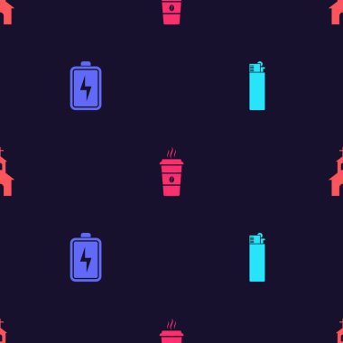 Çakmak, Batarya, Kahve fincanı ve kilise binasını pürüzsüz bir şablona ayarlayın. Vektör