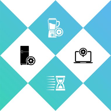 Buzdolabı ayarı, kumlu kum saati, blender kasesi ve dizüstü bilgisayar ikonu. Vektör