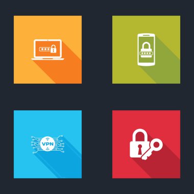 Bilgisayarı şifre, mobil, VPN mikroçip devresi ve Lock anahtar simgesi ile ayarla. Vektör