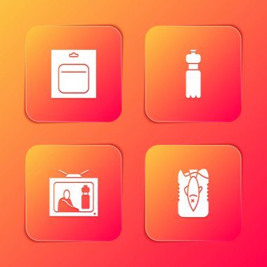 Bataryayı pakete koyun, bir şişe su plastik kirliliği ve okyanus ikonunu durdurun. Vektör