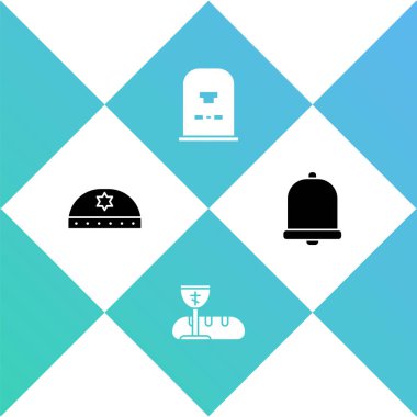 Yahudi kippah 'ı David' in yıldızıyla, ilk komünyon sembolleriyle Tombstone RIP yazısıyla ve kilise çan ikonuyla ayarla. Vektör