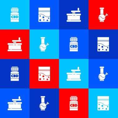 Tıbbi şişeyi esrar, plastik poşet, öğütücü ve marihuana ikonu içmek için cam bong ile ayarla. Vektör