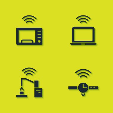 Akıllı mikrodalga fırın, akıllı seğirme, robot kol fabrikası ve kablosuz dizüstü bilgisayar ikonu ayarla. Vektör