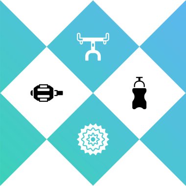 Bisiklet pedalını, kaseti, gidonu ve su ikonlu spor şişesini ayarlayın. Vektör