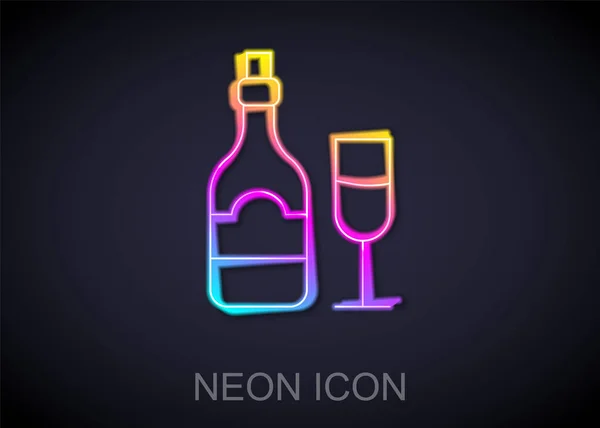 Glow néon ligne bouteille de champagne avec icône en verre isolé sur fond noir. Vecteur — Image vectorielle