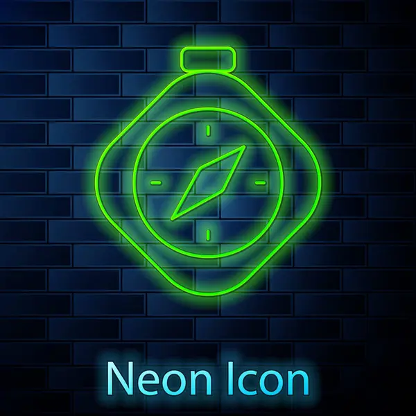 Glowing neon line Compass icon isolated on brick wall background. Windrose navigation symbol. Wind rose sign. Vector — Stock Vector