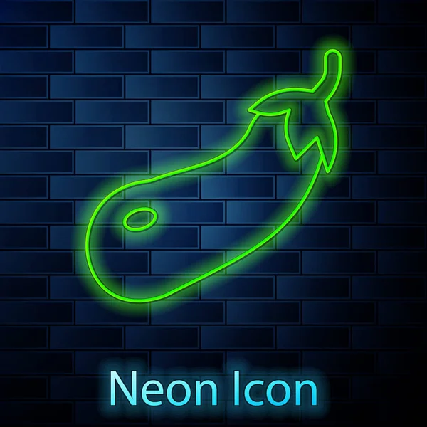 Leuchtende Neon-Linie Auberginen-Symbol isoliert auf Backsteinwand Hintergrund. Vektor — Stockvektor