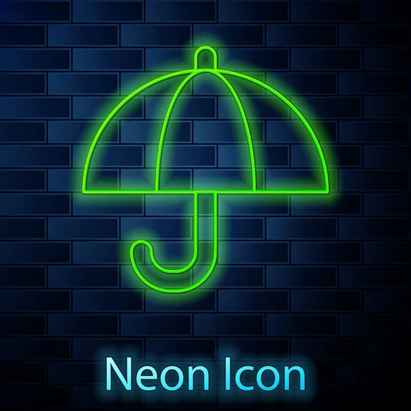 Leuchtende Neon-Linie Regenschirm-Symbol isoliert auf Backsteinwand Hintergrund. Versicherungskonzept. Wasserdichtes Symbol. Schutz, Sicherheit, Sicherheitskonzept. Vektor — Stockvektor