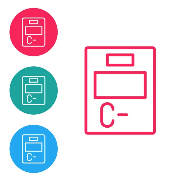 Rode lijn Examen papier met onjuiste antwoorden enquête pictogram geïsoleerd op witte achtergrond. Slecht cijfer van testresultaten. Stel pictogrammen in cirkel knoppen. Vector — Stockvector