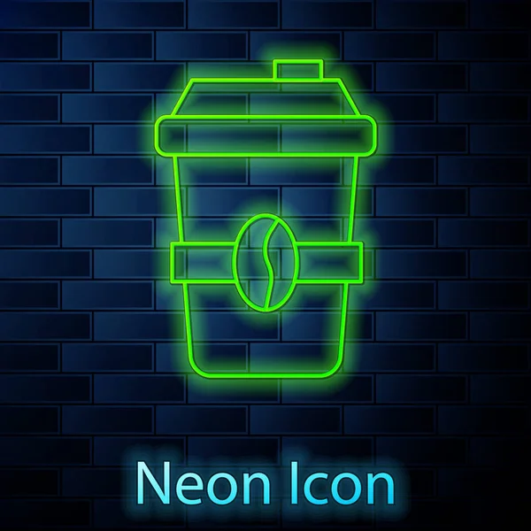 Ligne lumineuse néon Coupe à café pour aller icône isolée sur fond de mur de briques. Vecteur — Image vectorielle