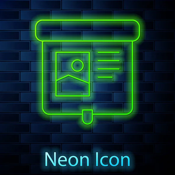 Glowing neon line Projection 화면 아이콘 벽돌 벽 배경에 분리. 비즈니스 프레젠테이션은 슬라이드, 인포 그래픽, 비디오와 같은 시각적 컨텐츠를 제공 합니다. Vector — 스톡 벡터