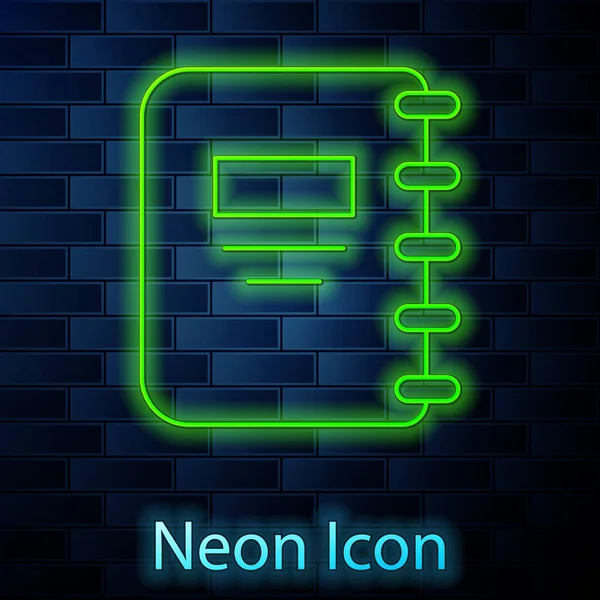 Glödande neon linje Notebook ikon isolerad på tegel vägg bakgrund. Spiral anteckningsblock ikon. Skolans anteckningsbok. Skrivblock. Dagbok för skolan. Vektor — Stock vektor