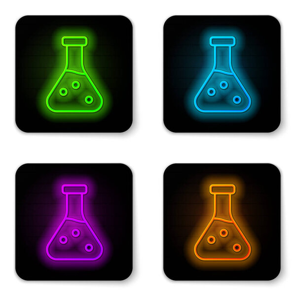 Glowing neon line Test tube and flask chemical laboratory test icon isolated on white background. Laboratory glassware sign. Black square button. Vector