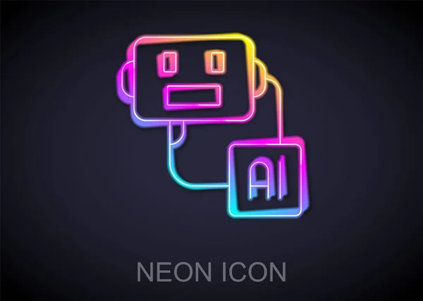 Glowing neon line Artificial intelligence robot icon isolated on black background. Machine learning, cloud computing. Vector — Stock Vector