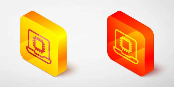 Ligne isométrique Processeur d'ordinateur avec icône de processeur de microcircuits isolé sur fond gris. Chip ou cpu avec circuit imprimé. Micro processeur. Bouton carré jaune et orange. Vecteur — Image vectorielle