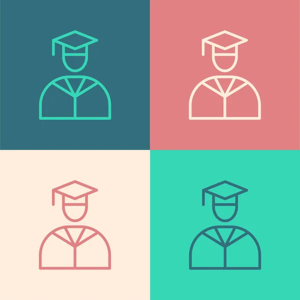 Pop art lijn Graduate en graduatie cap pictogram geïsoleerd op kleur achtergrond. Vector — Stockvector